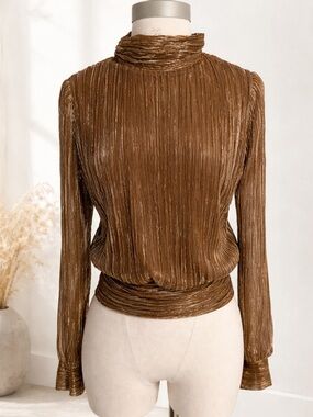 Brown Pleated Mock Neck Long-Sleeve Blouse